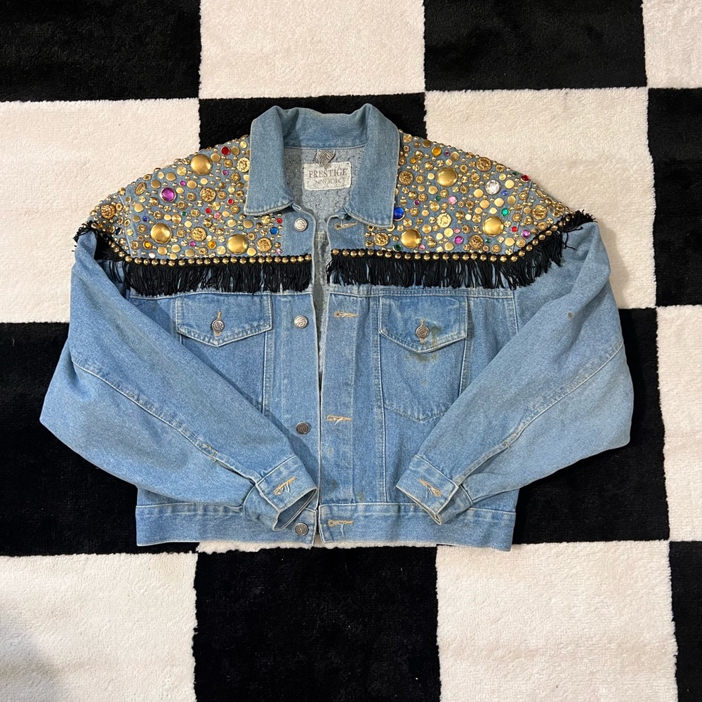 Vintage Embellished Denim Jacket with Fringe